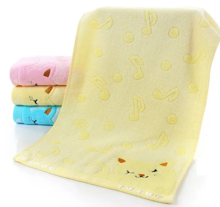 Bamboo fibre and cotton kitten face towel, 25 x 50 cm, shown in blue, green, pink or yellow