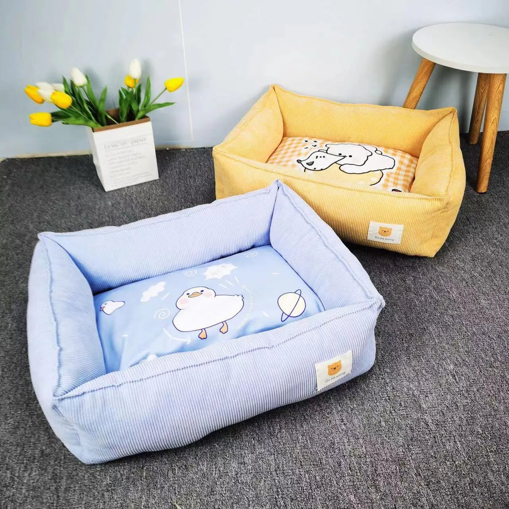 Soft cotton dog pet nest in light blue, shown in a 50x40cm size for winter comfort.