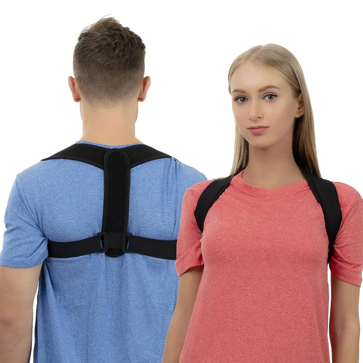 Black adjustable posture correction strap for upper back and shoulder support