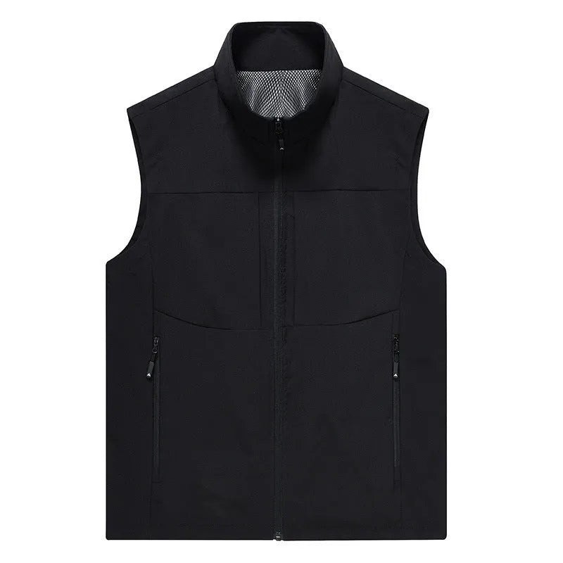 Men's loose fit polyester cardigan vest in khaki with stand collar and zipper pockets.
