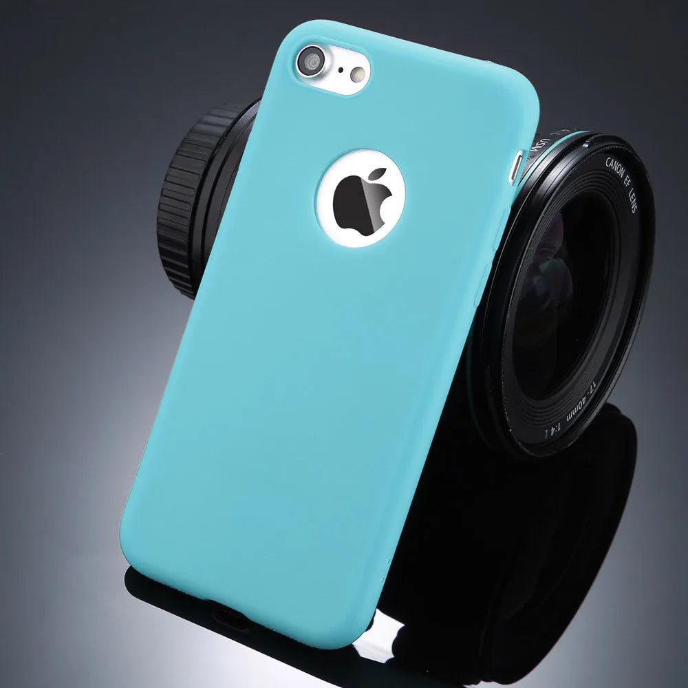 Soft plain silicon TPU phone case for iPhone in candy colours: blue, pink, red, green, black, navy blue.