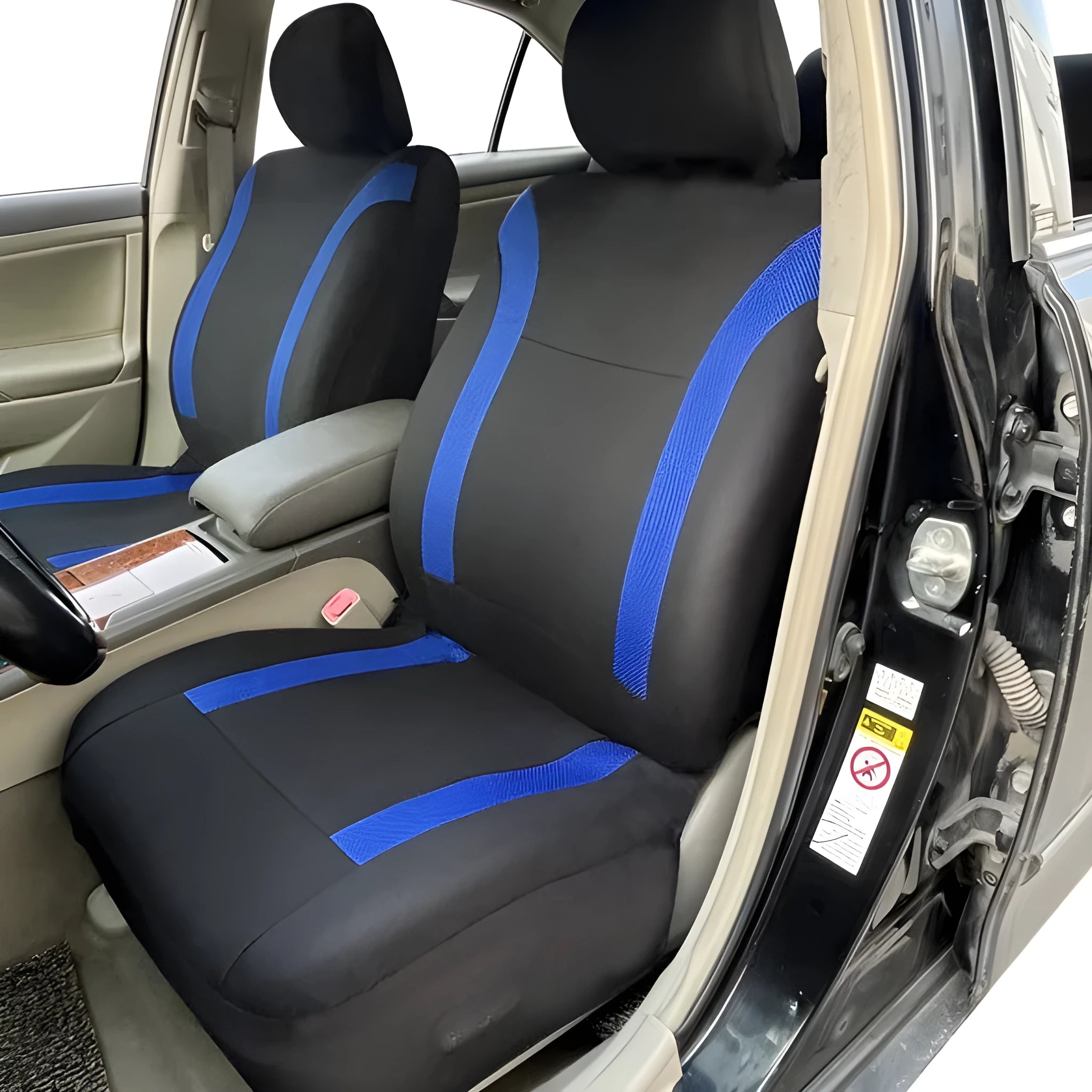 Polyester car seat cover with eyelet stitching in blue, shown on a car seat.
