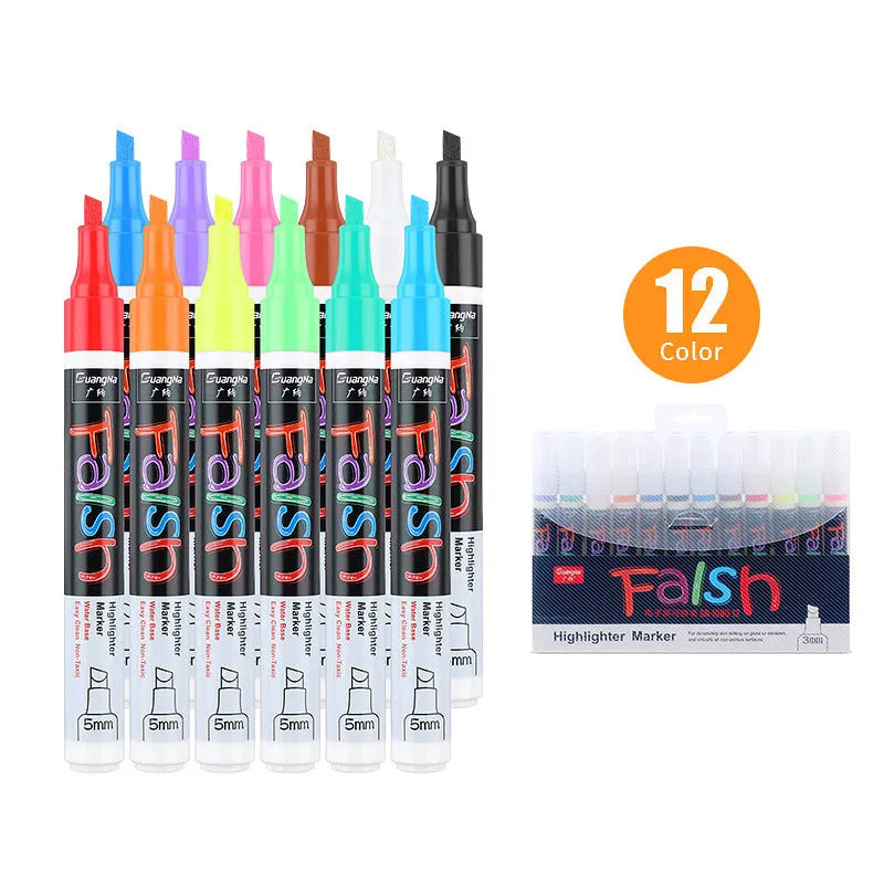 Oblique-shaped 6mm fluorescent board highlighter with plastic shell and 8-colour set on card packaging.