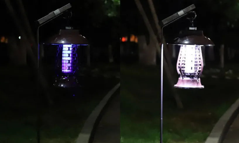 White and black solar mosquito lamp with solar panel, 24 LEDs, and two-way switch for outdoor insect control.
