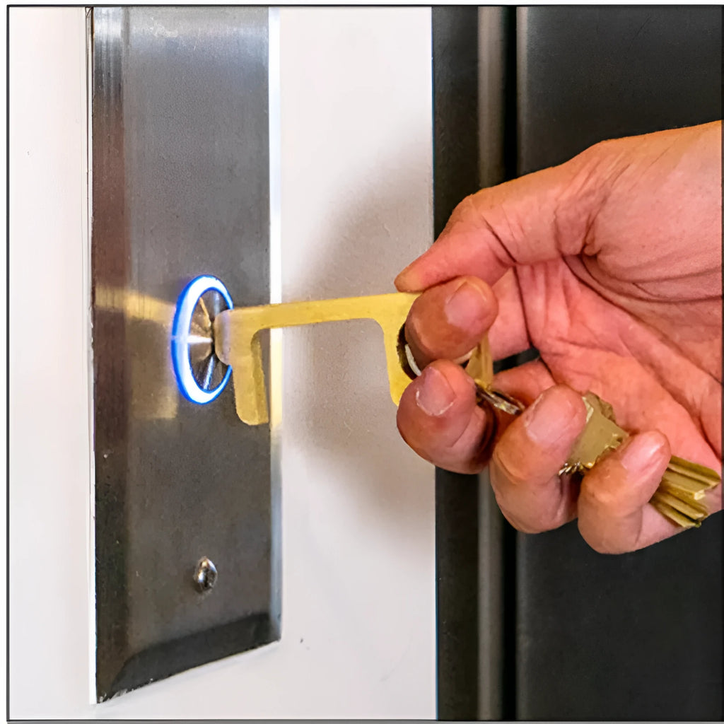 Antibacterial EDC door opener with key ring, shown as manual no-touch tool for public doors, buttons, and card terminals.