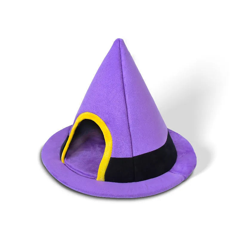Purple Halloween witch hat shaped cat bed for cats measuring 60cm wide by 45cm high