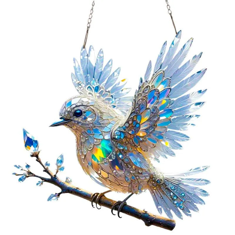 Square acrylic bird pendant holiday decoration with UV printed cartoon scene on reinforced cardboard backing