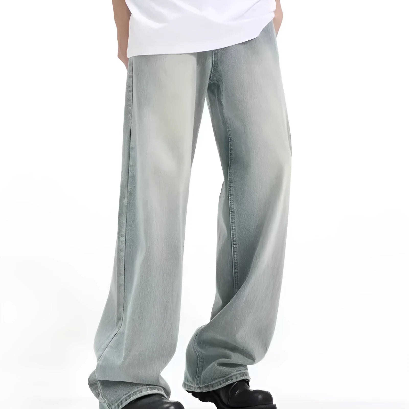 Blue loose retro-style casual trousers on a hanger, showing elasticated waist and rabbit fur fabric.