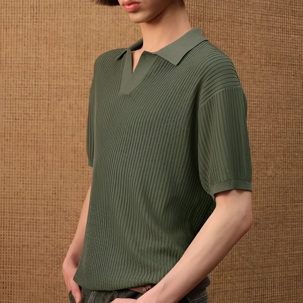 Creamy-white loose-fit polo shirt with striped collar and short sleeves, made from thin ice silk fabric.