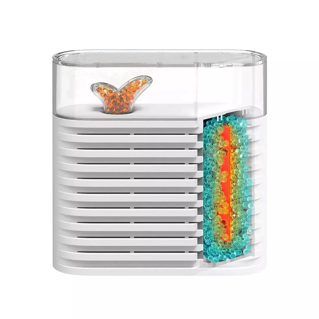 White reusable electric dehumidifier box with transparent leafy-design top and colour-change crystals.