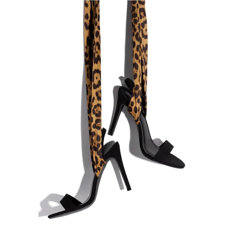 Light brown leopard print women's high heel sandals with cross straps and 8cm thin heel