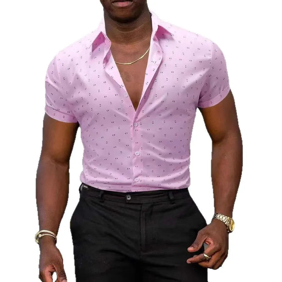 Men's short sleeve printed shirt with floral pattern in light blue colour showing cardigan style and elastic fabric