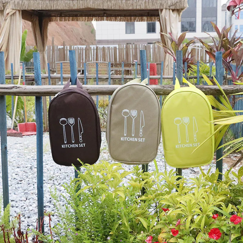 Portable picnic kitchenware storage bag containing 12 stainless steel utensils in khaki colour