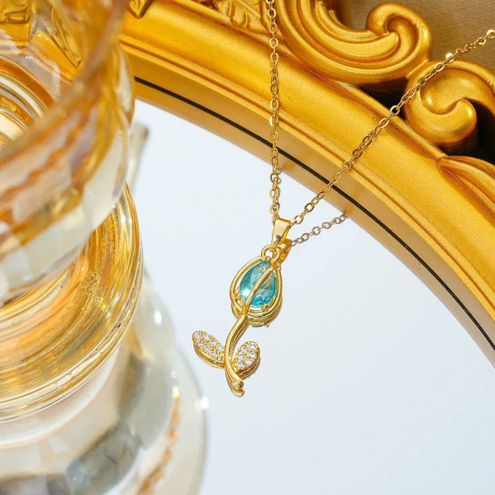 Zircon tulip necklace for women with gold flower pendant on adjustable titanium steel chain.