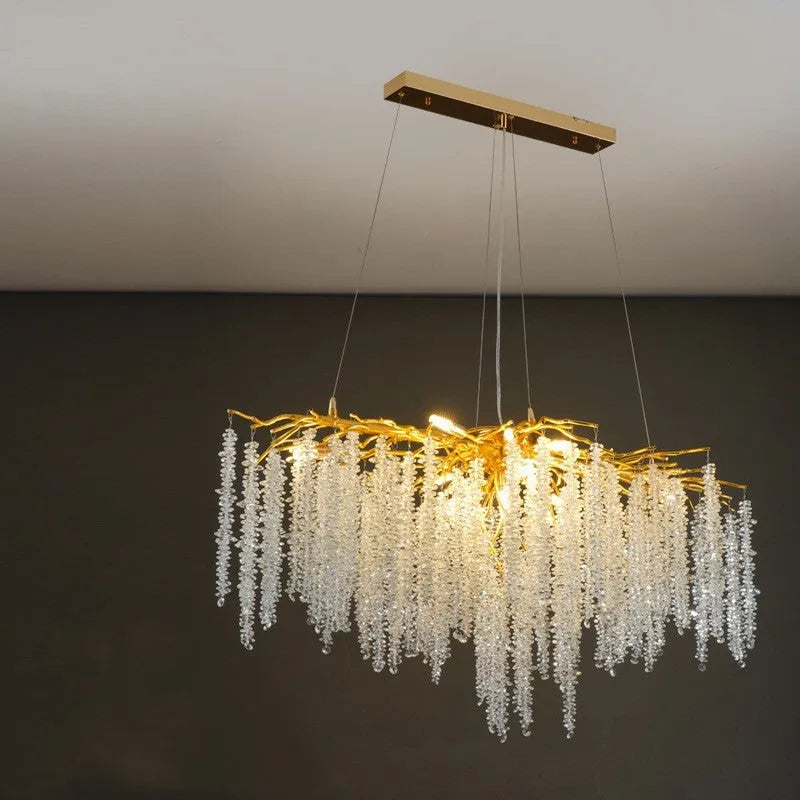 Adjustable modern crystal chandelier with LED lights and aluminium frame in round and long styles.