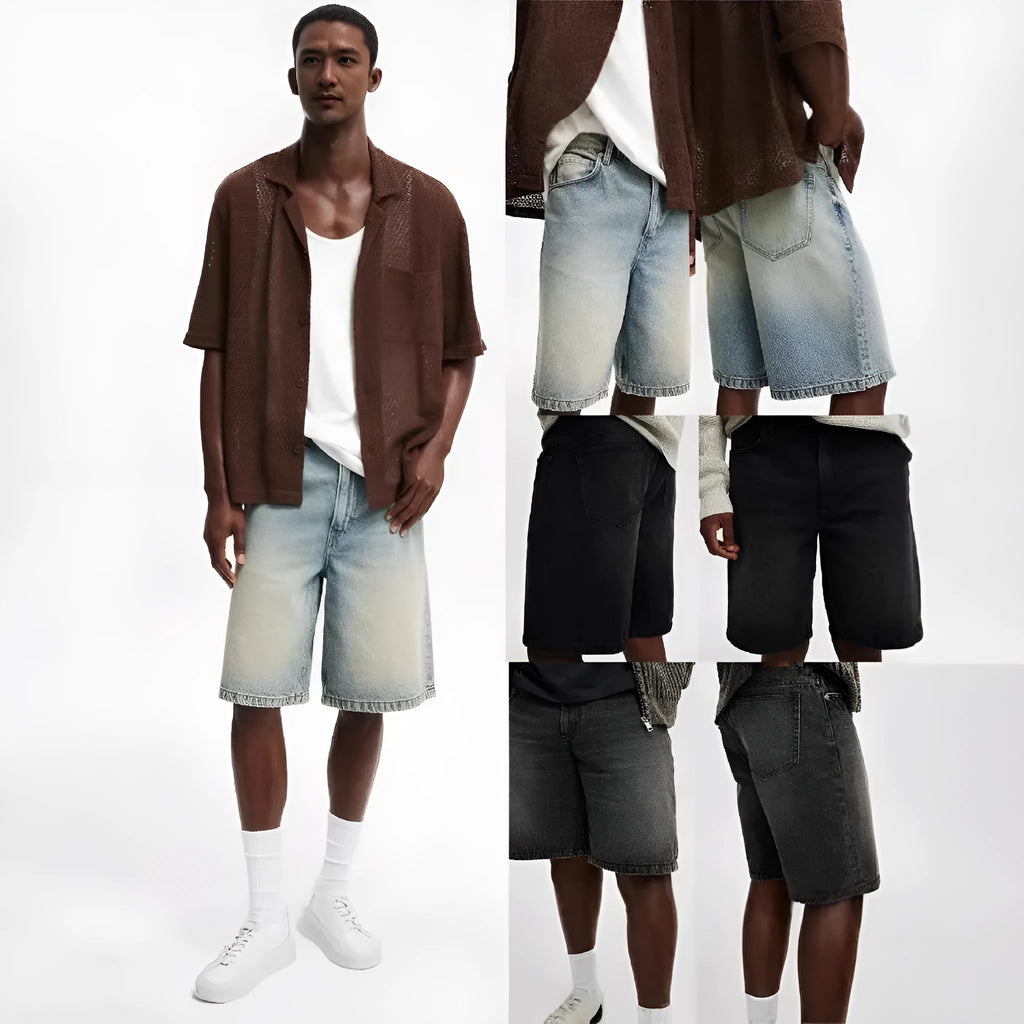 Men's loose straight cotton denim fifth pants in light blue, black, and gray for summer street style.