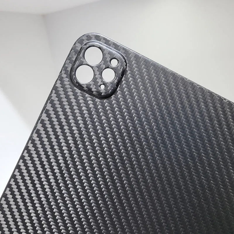 Genuine carbon fibre flat hard protective case for iPad Pro 11 inch in a textured finish.