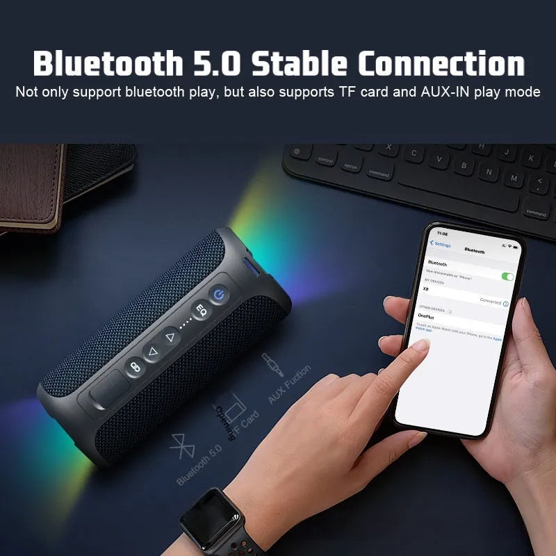 Black and blue 40W fabric wireless Bluetooth speaker with lighting and protective features