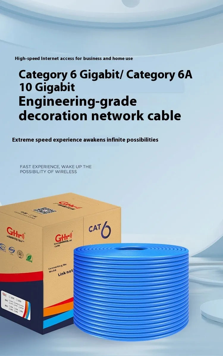 Blue and grey 305 metre reels of Cat6A oxygen-free copper network cable for 10G Ethernet installations.