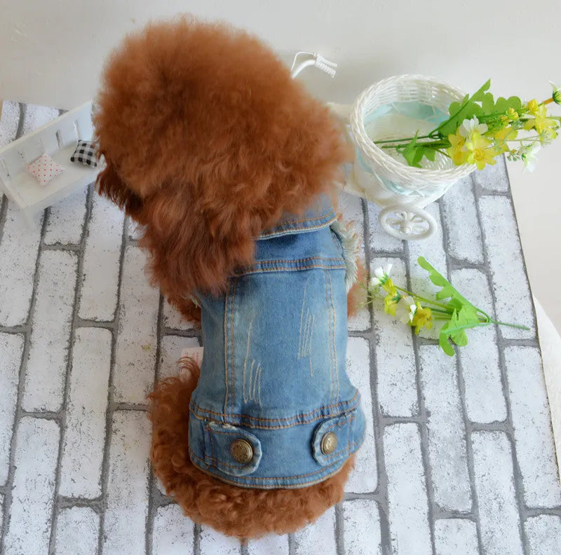 Dark and light denim dog vest with a retro scratch pattern on the front for small to medium breeds.