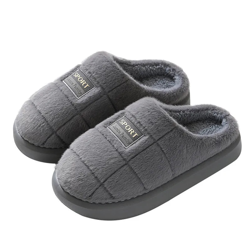 Men's grey and brown plaid winter slippers with rabbit hair upper and thick sole.