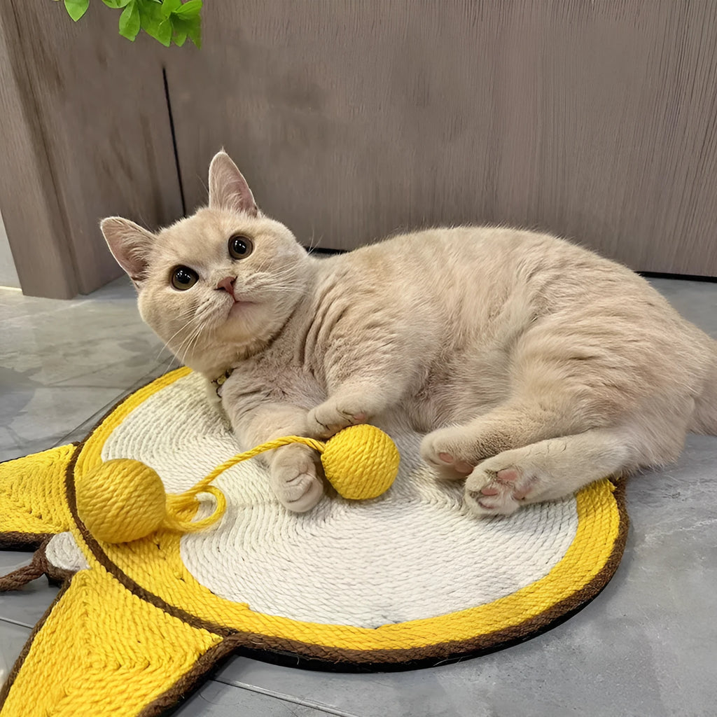 Yellow cat scratching pad with Corgi butt design on natural sisal surface with anti-slip base