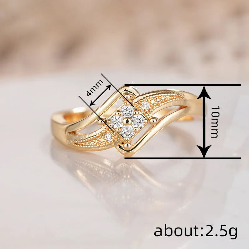 Yellow gold diamond shape copper ring with micro inlaid zircon geometric ornamentation showing line and quadrangle patterns