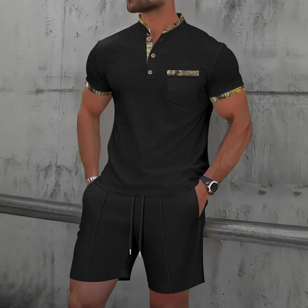 Men's grey waffle texture zip-front polo collar short sleeve top and matching shorts suit set.