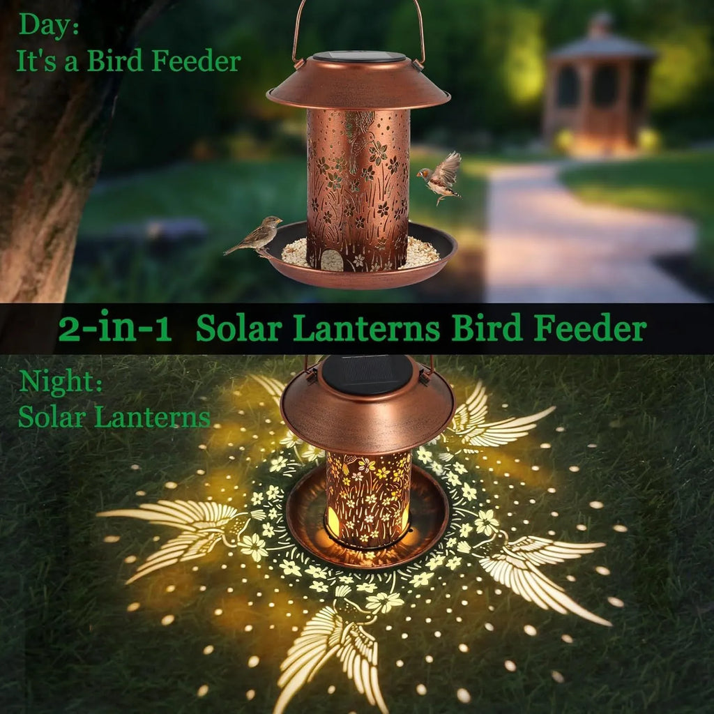 Solar-powered hummingbird patterned iron art feeder with integrated garden light