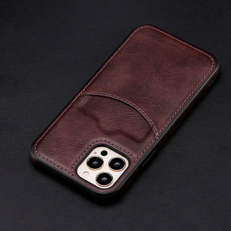 Dark blue PU leather iPhone case showing front and back views with precise cutouts