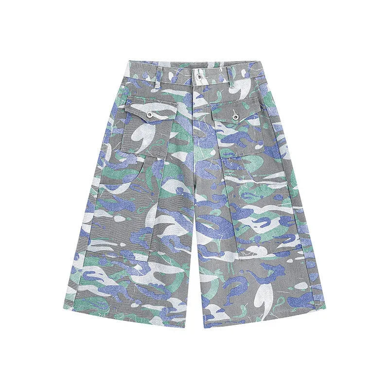 Cotton denim camouflage trousers with straight leg cut and large front pockets
