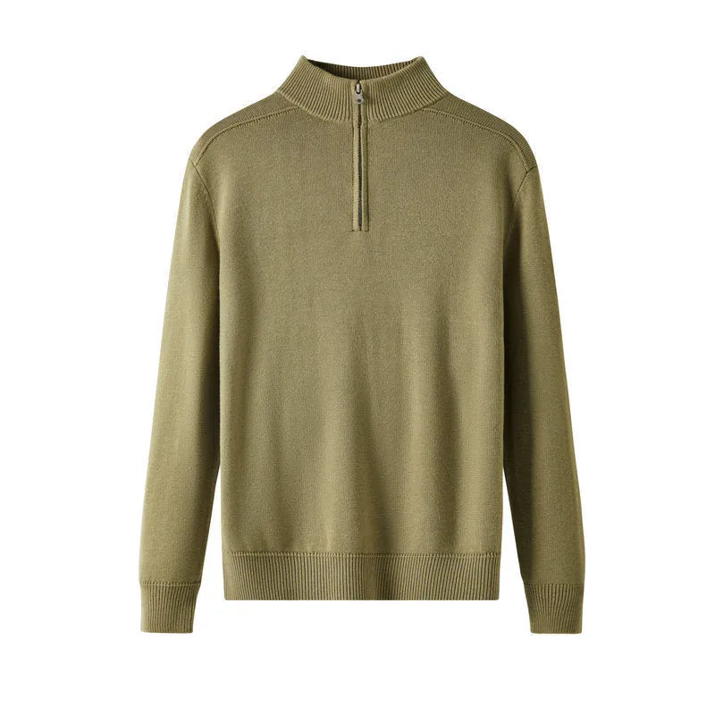 Men's slim fit casual pullover sweater in thickened wool, shown in a stone sand colour.