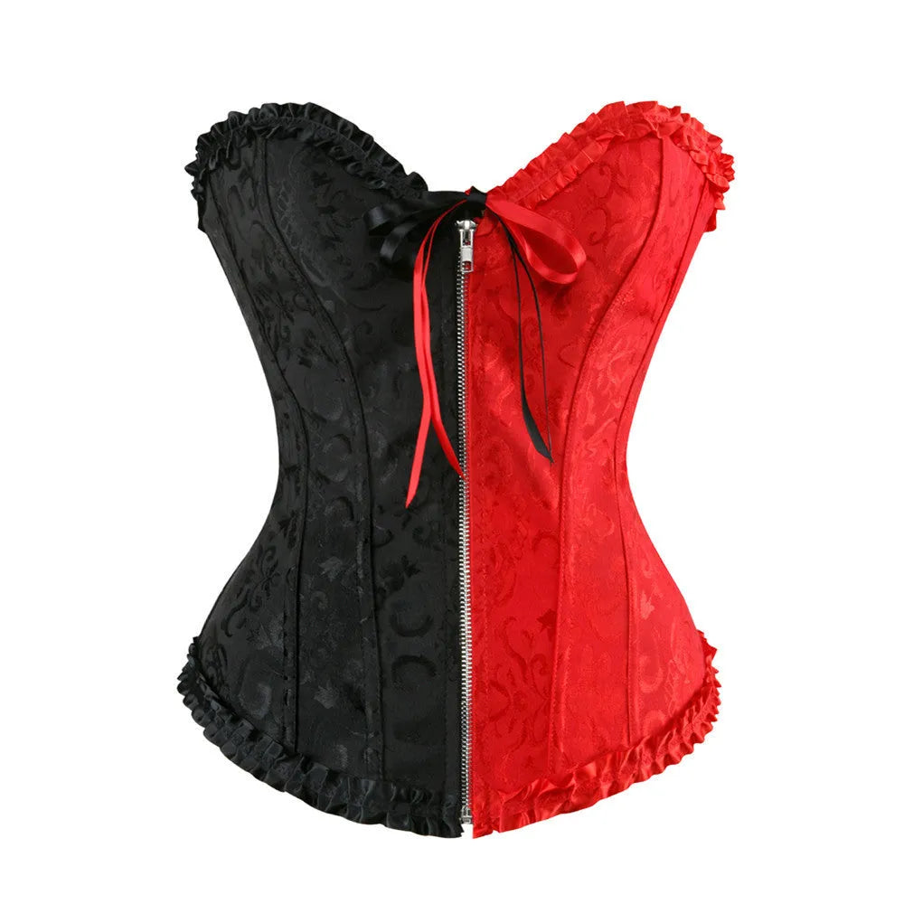 Women's black and red jacquard corset with a front zipper closure, made from stretch spandex fabric.