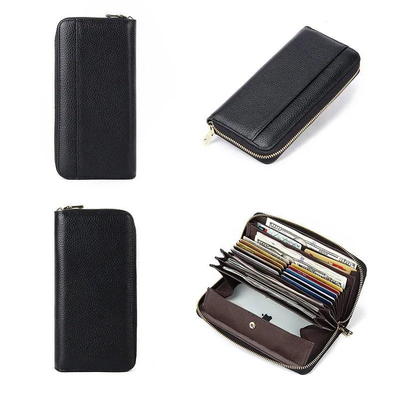 Genuine leather long wallet for women in six colour options showing bifold design and card compartments