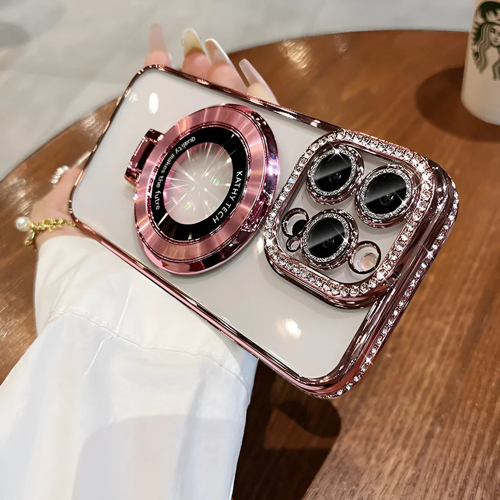Clear magnetic bracket rhinestone frame phone case for Apple iPhone in pink, purple, blue, silver, and black.