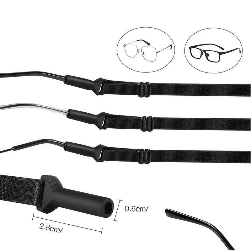 Black adjustable glasses retention cord with silicone end pieces shown in adult and children's sizing variants