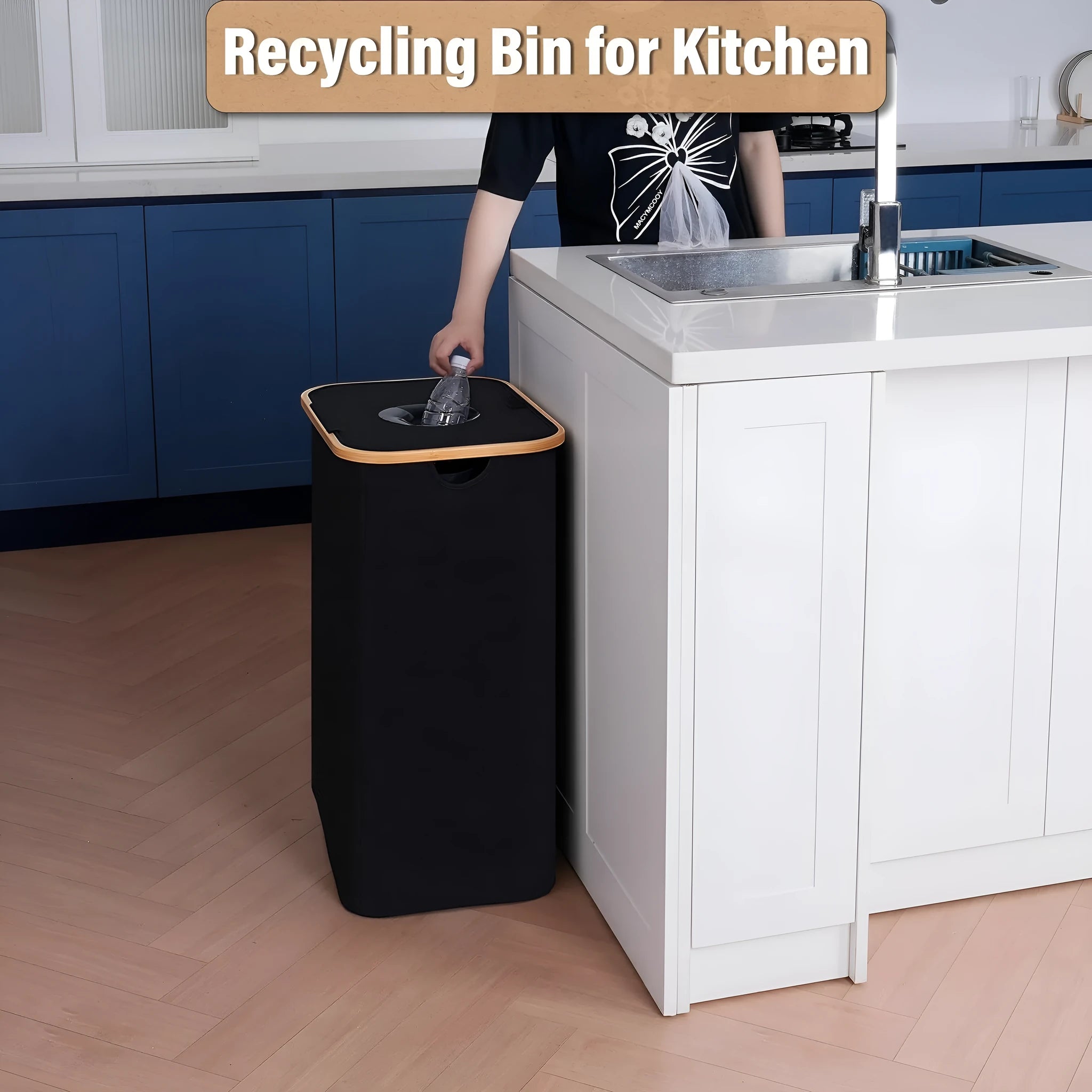 Black bamboo-lidded storage basket with Oxford cloth construction and double inner pockets