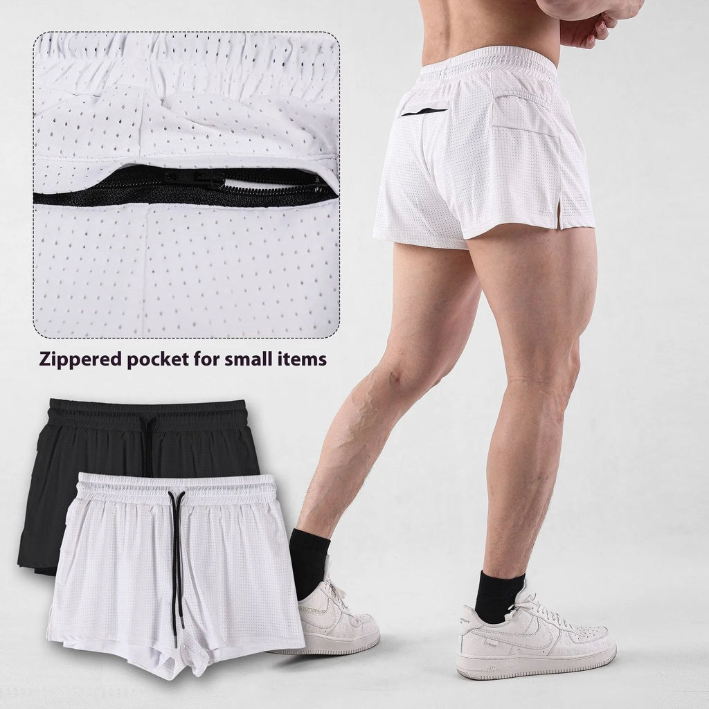 Men's black and white quick-dry nylon summer shorts on a size chart showing options from M to XXXL