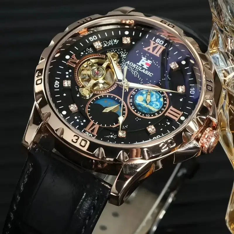 Men's automatic mechanical watch with large hollow dial and rose gold black casing