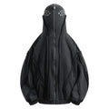 Black mens loose-fit cotton padded coat with hood and abstract retro pattern, zip front.