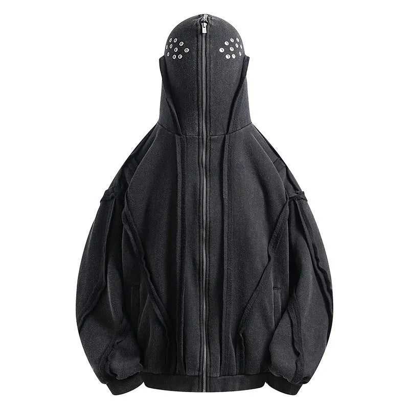 Black mens loose-fit cotton padded coat with hood and abstract retro pattern, zip front.