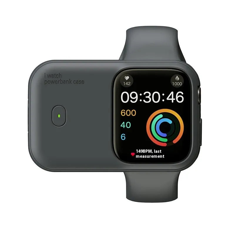 Apple Watch portable wireless charging case with silicone protective sleeve in Brown, Midnight Blue and Starlight colours.