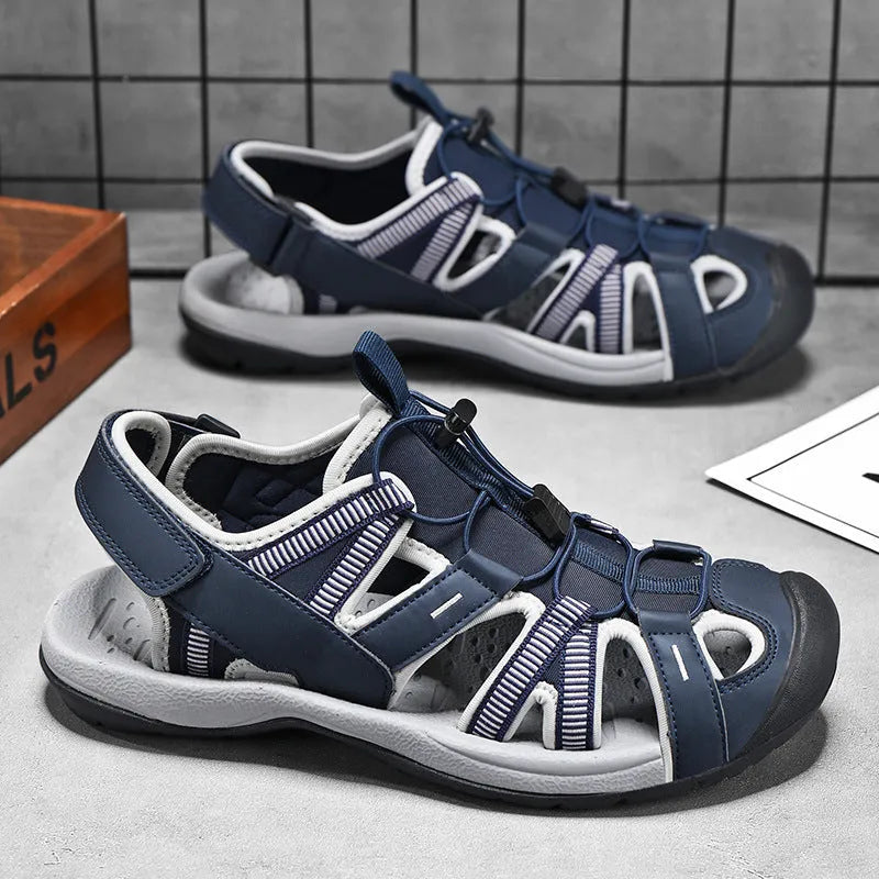 Men's blue outdoor casual sports shoes with Velcro closure and mesh upper