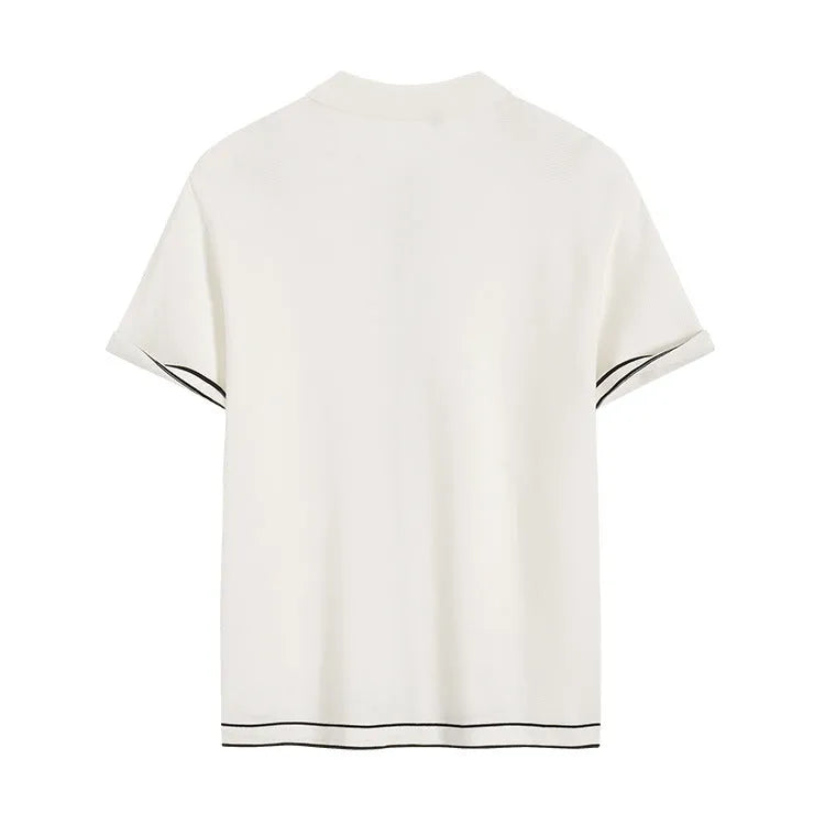 White short sleeve cardigan with contrast colour lapels in old money style