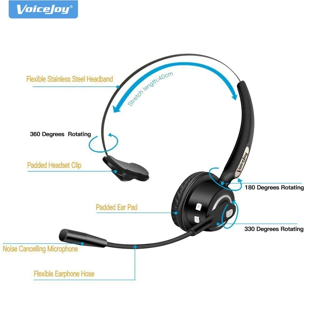 Bluetooth headset with microphone for truck drivers and office use with noise cancellation