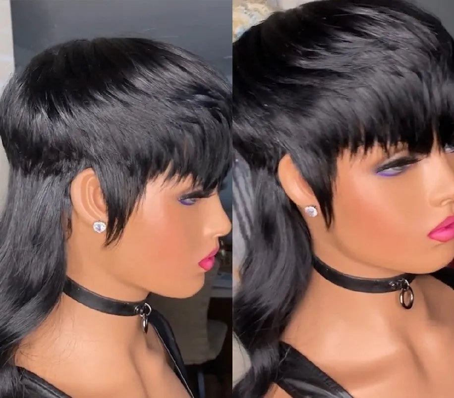 Black Brazilian wig with short back and long front bangs made from high-temperature fibre