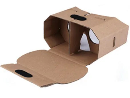 Corrugated paper virtual reality glasses for smartphones with 3D viewing.