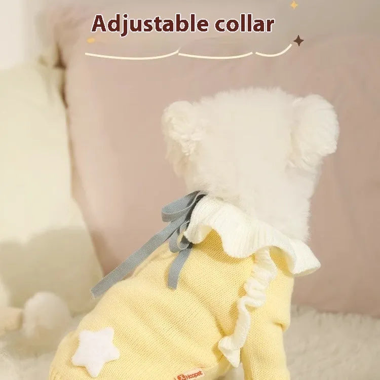 Yellow XINGX style dog sweater on small breed dog showing chest measurement and acrylic fabric