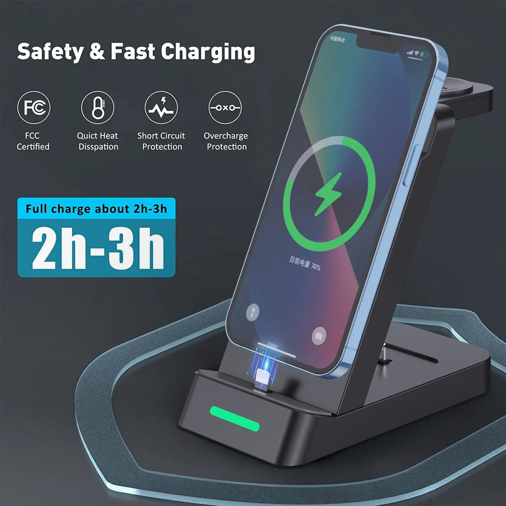Black and white three-in-one 65W wireless charging station with phone stand for iPhone and Samsung devices