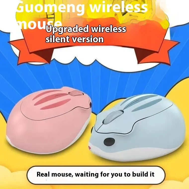 Hamster wireless mute mouse in grey, pink, and yellow colours showing compact design